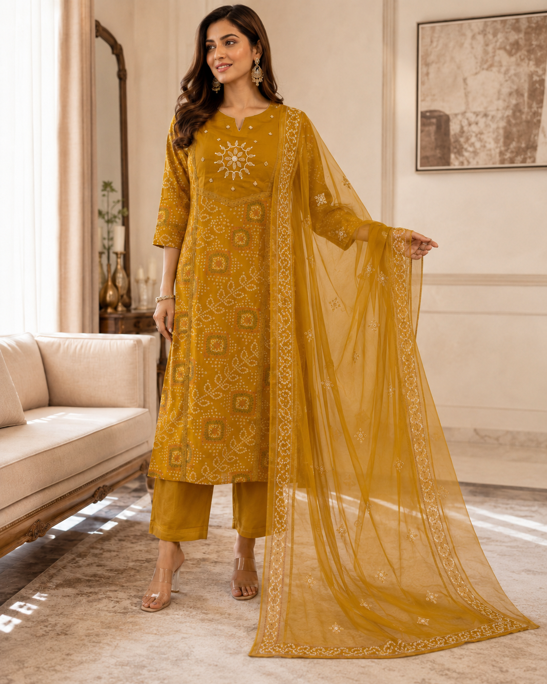 Mustard Printed Cotton Kurta Set with Dupatta