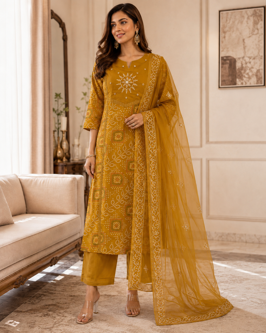 Mustard Printed Cotton Kurta Set with Dupatta