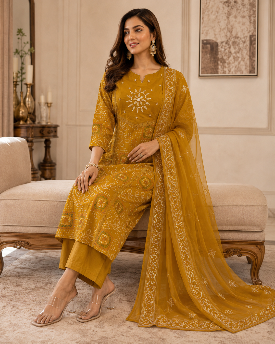 Mustard Printed Cotton Kurta Set with Dupatta