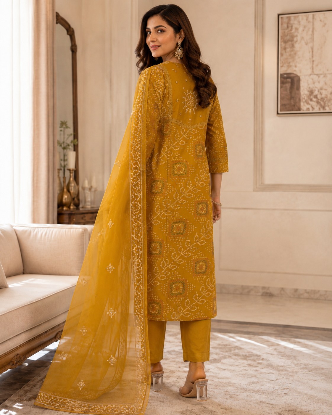 Mustard Printed Cotton Kurta Set with Dupatta