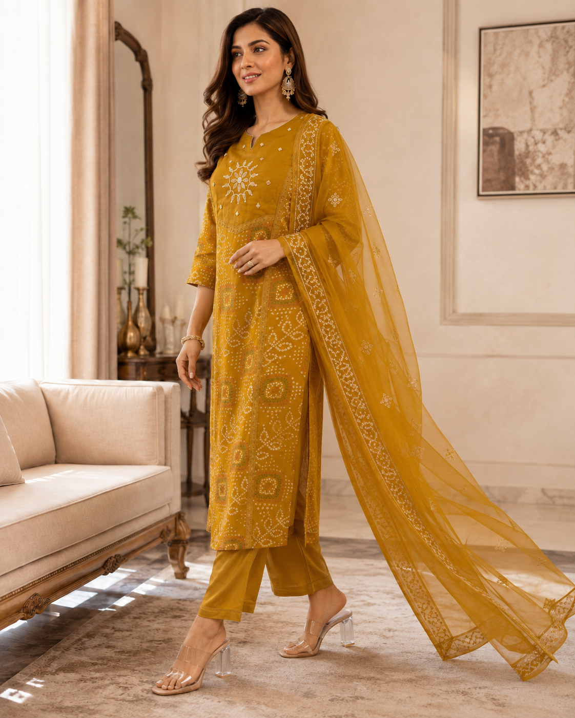 Mustard Printed Cotton Kurta Set with Dupatta
