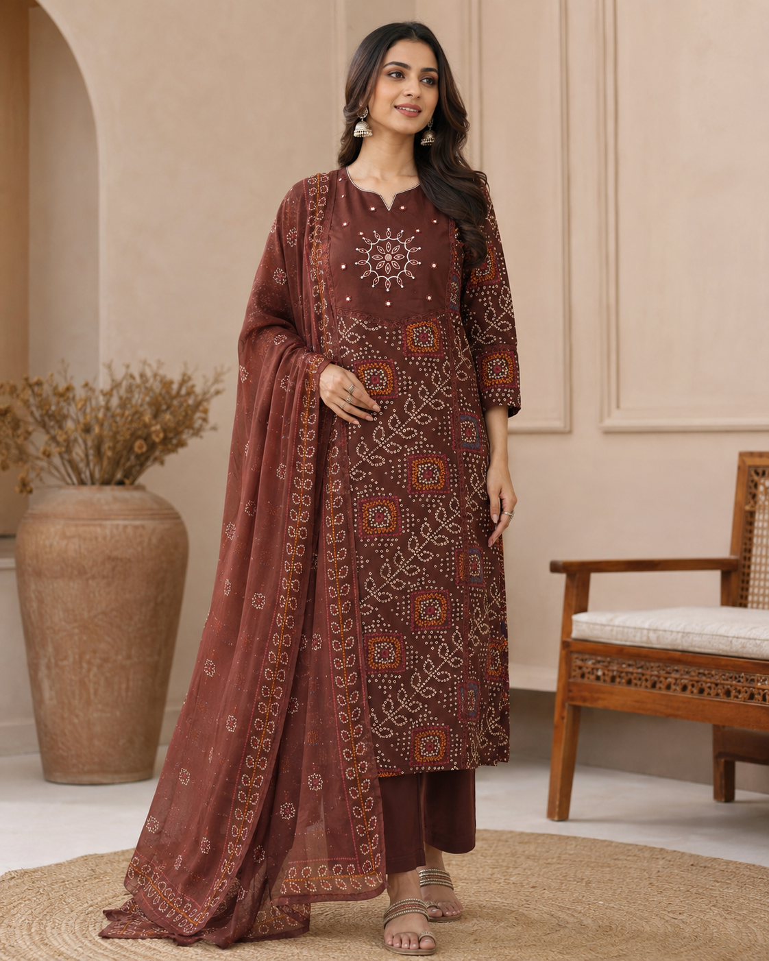 Chocolate Brown Printed Cotton Kurta Set with Dupatta