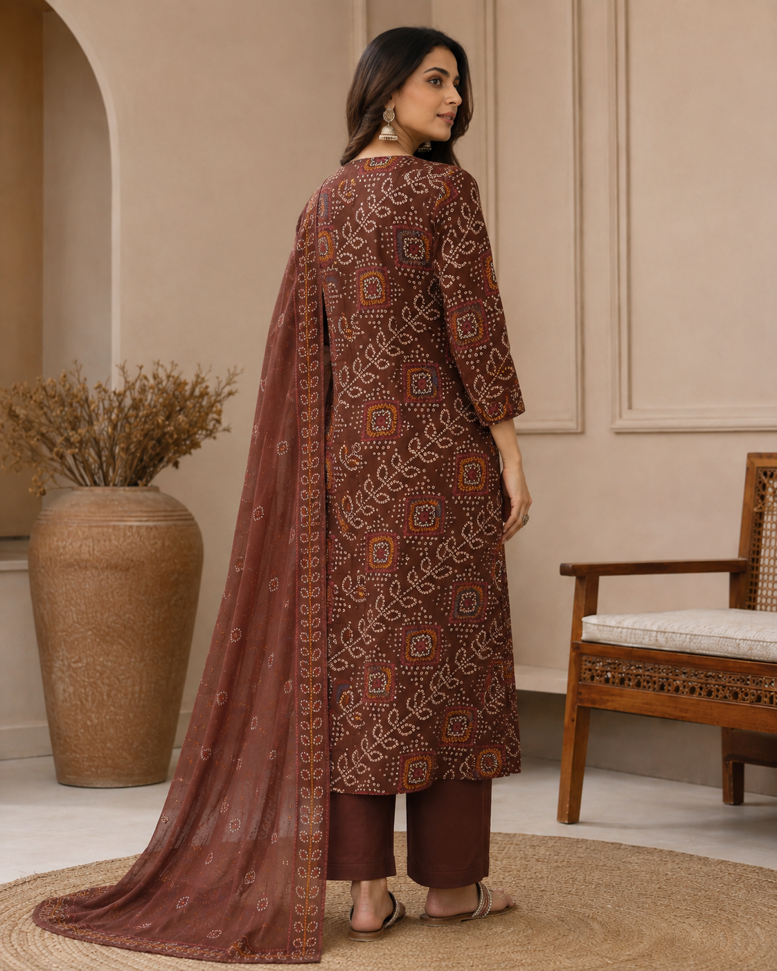 Chocolate Brown Printed Cotton Kurta Set with Dupatta