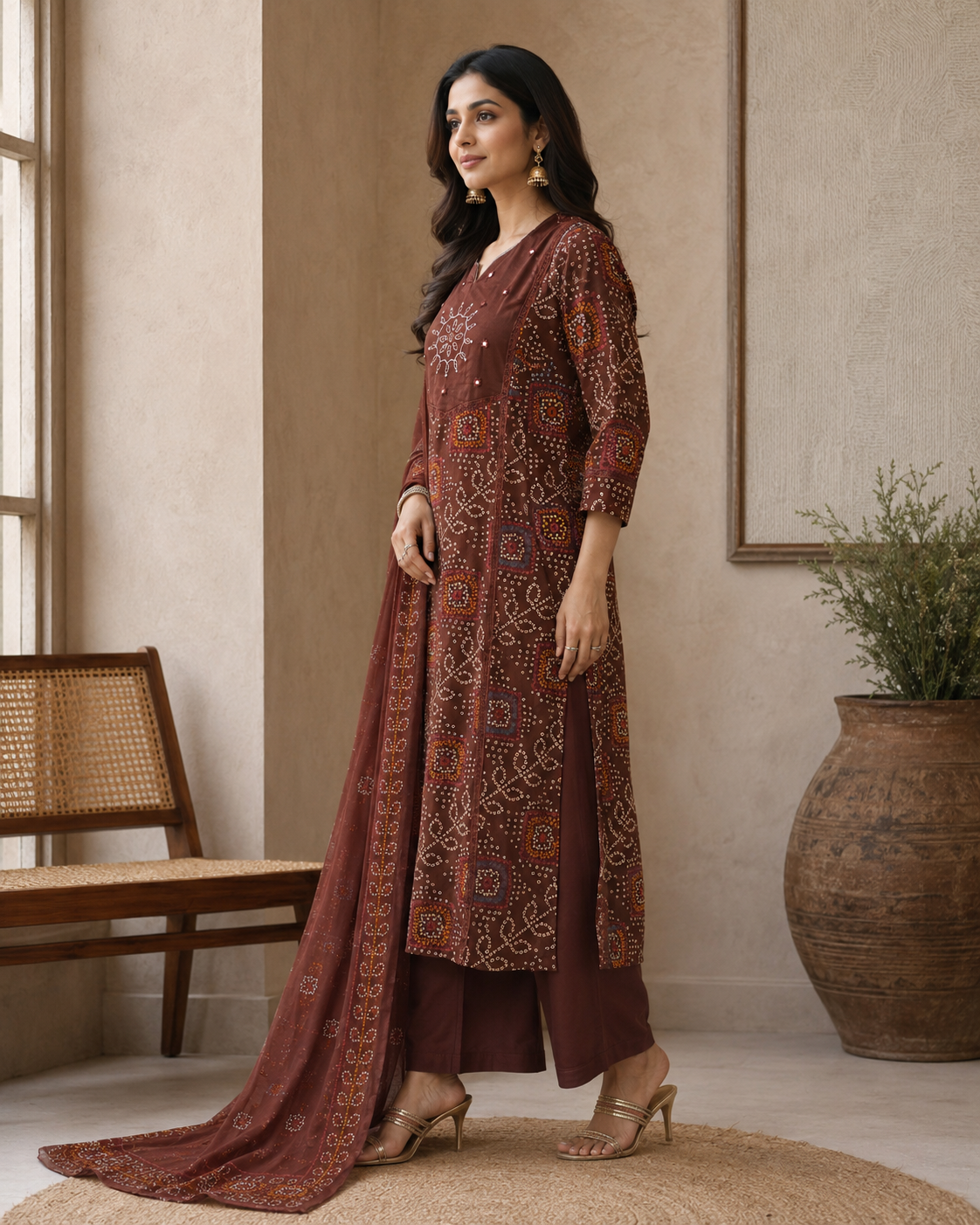 Chocolate Brown Printed Cotton Kurta Set with Dupatta