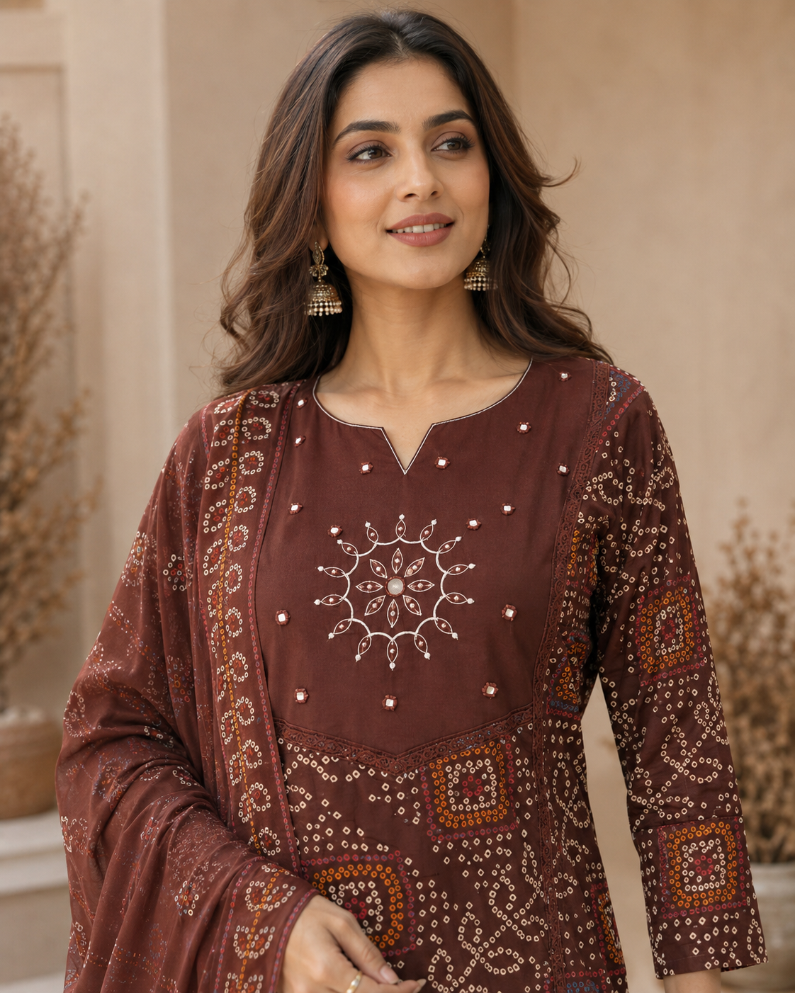 Chocolate Brown Printed Cotton Kurta Set with Dupatta