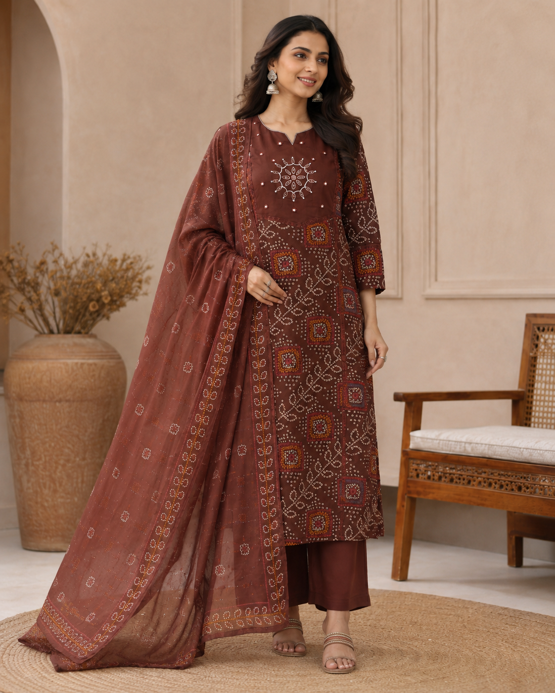 Chocolate Brown Printed Cotton Kurta Set with Dupatta