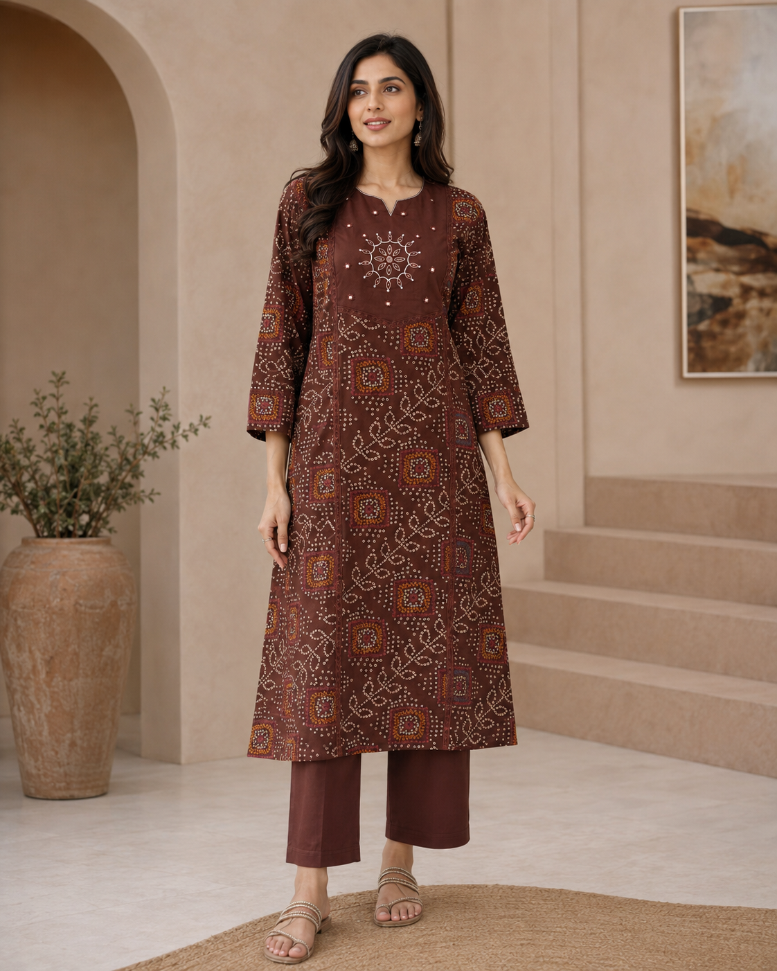 Chocolate Brown Printed Cotton Kurta Set with Dupatta