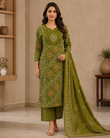 Olive Green Printed Cotton Kurta Set with Dupatta