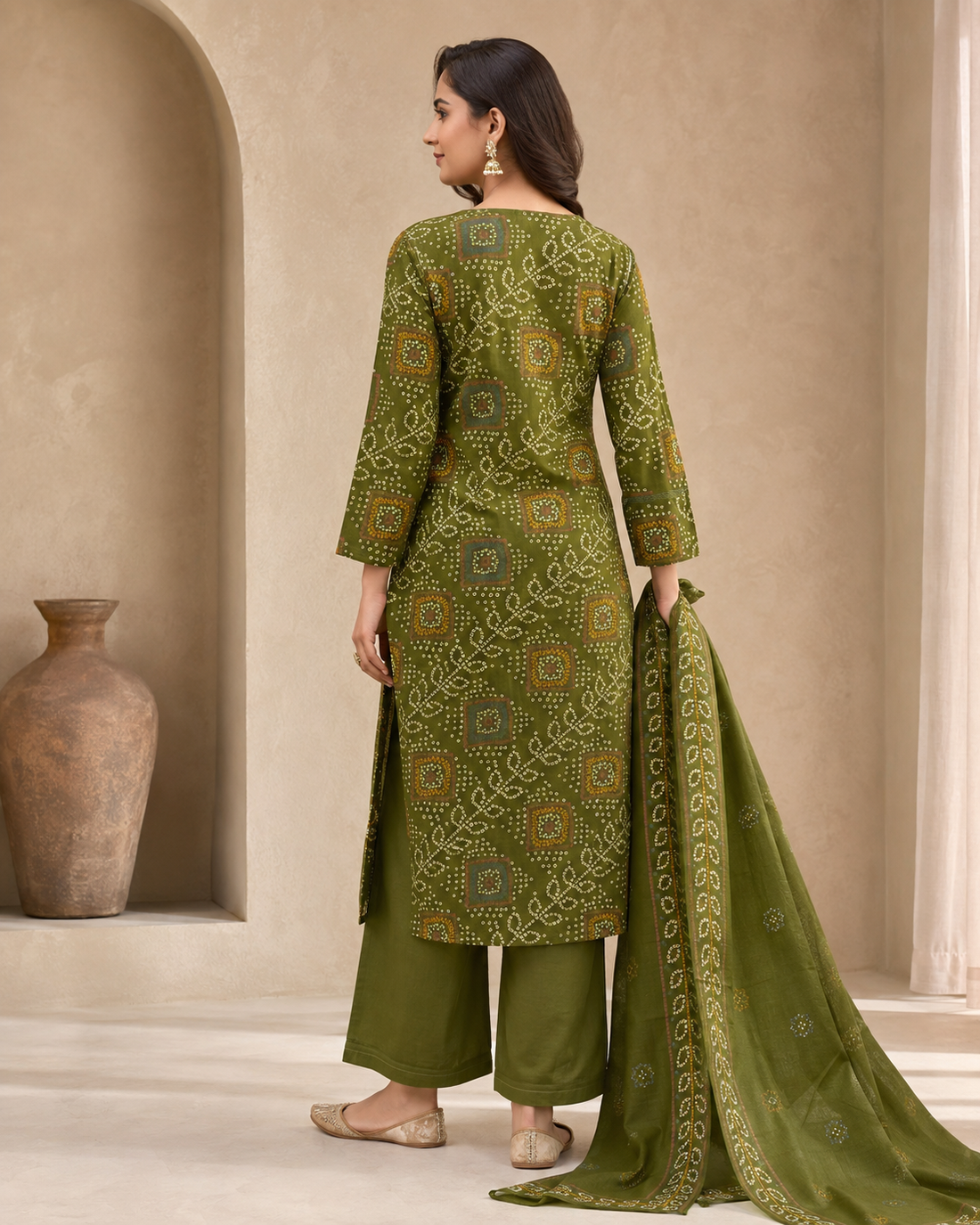 Olive Green Printed Cotton Kurta Set with Dupatta