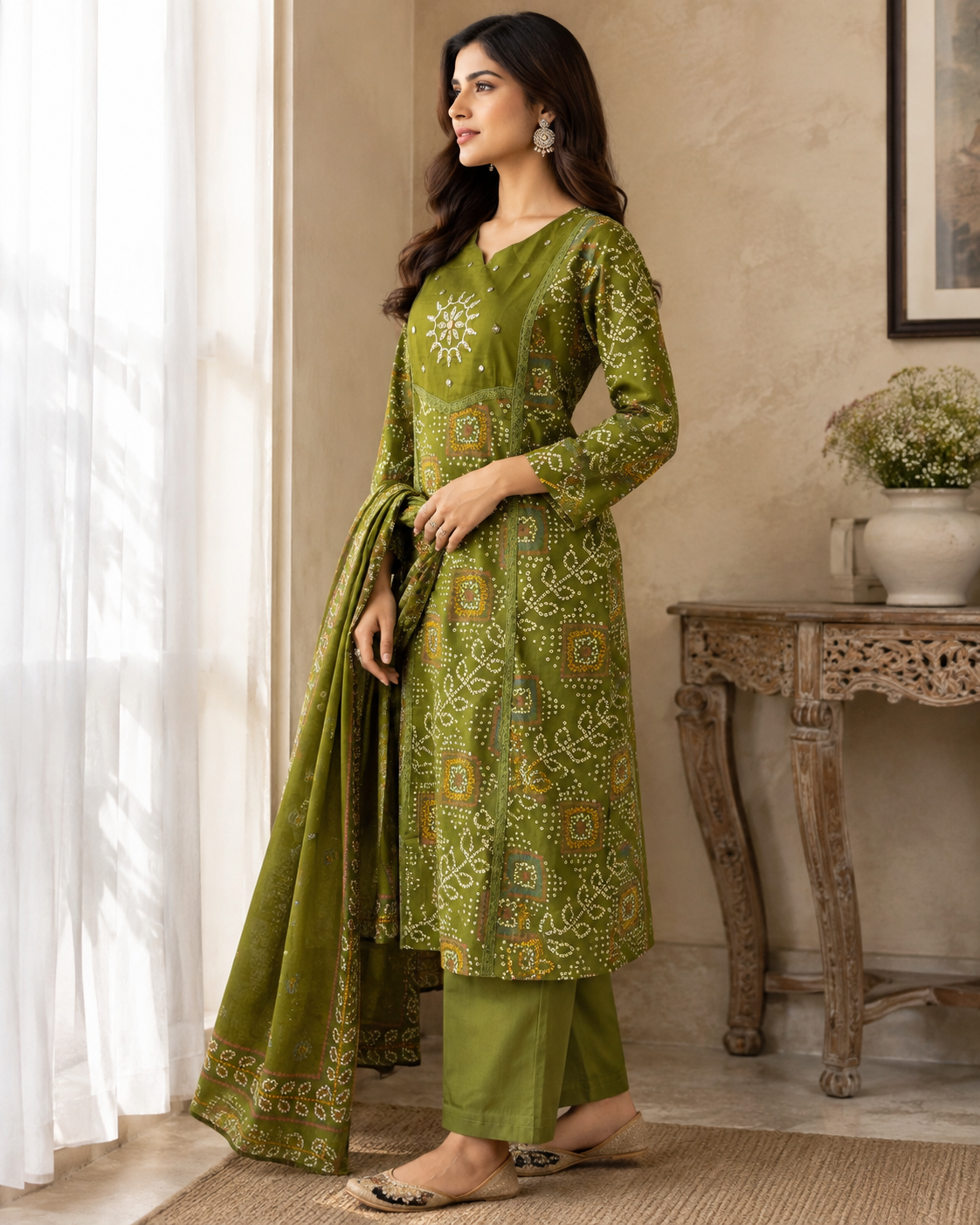 Olive Green Printed Cotton Kurta Set with Dupatta