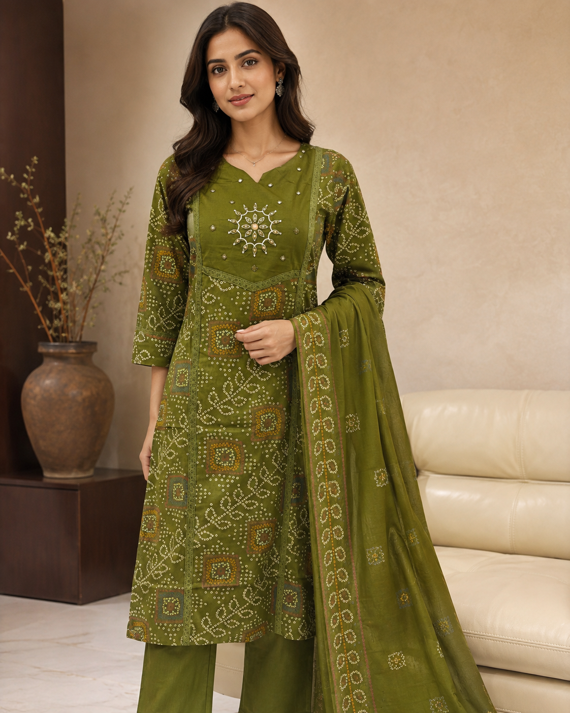 Olive Green Printed Cotton Kurta Set with Dupatta