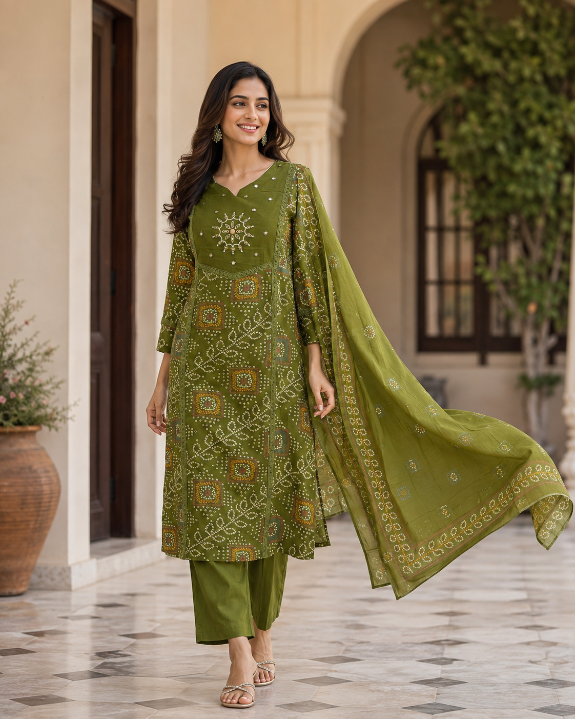 Olive Green Printed Cotton Kurta Set with Dupatta