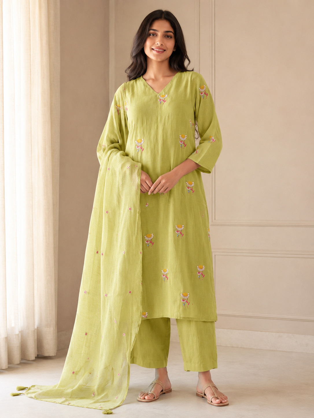 Lime Green Floral Embroidered Mul Chanderi Kurta Set