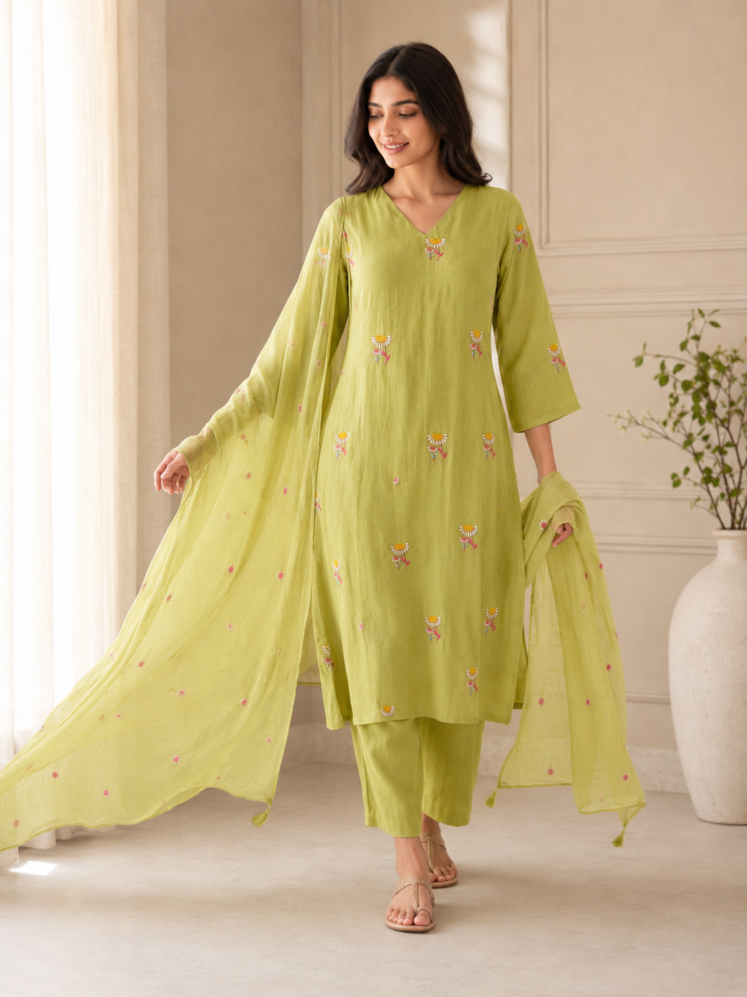Lime Green Floral Embroidered Mul Chanderi Kurta Set