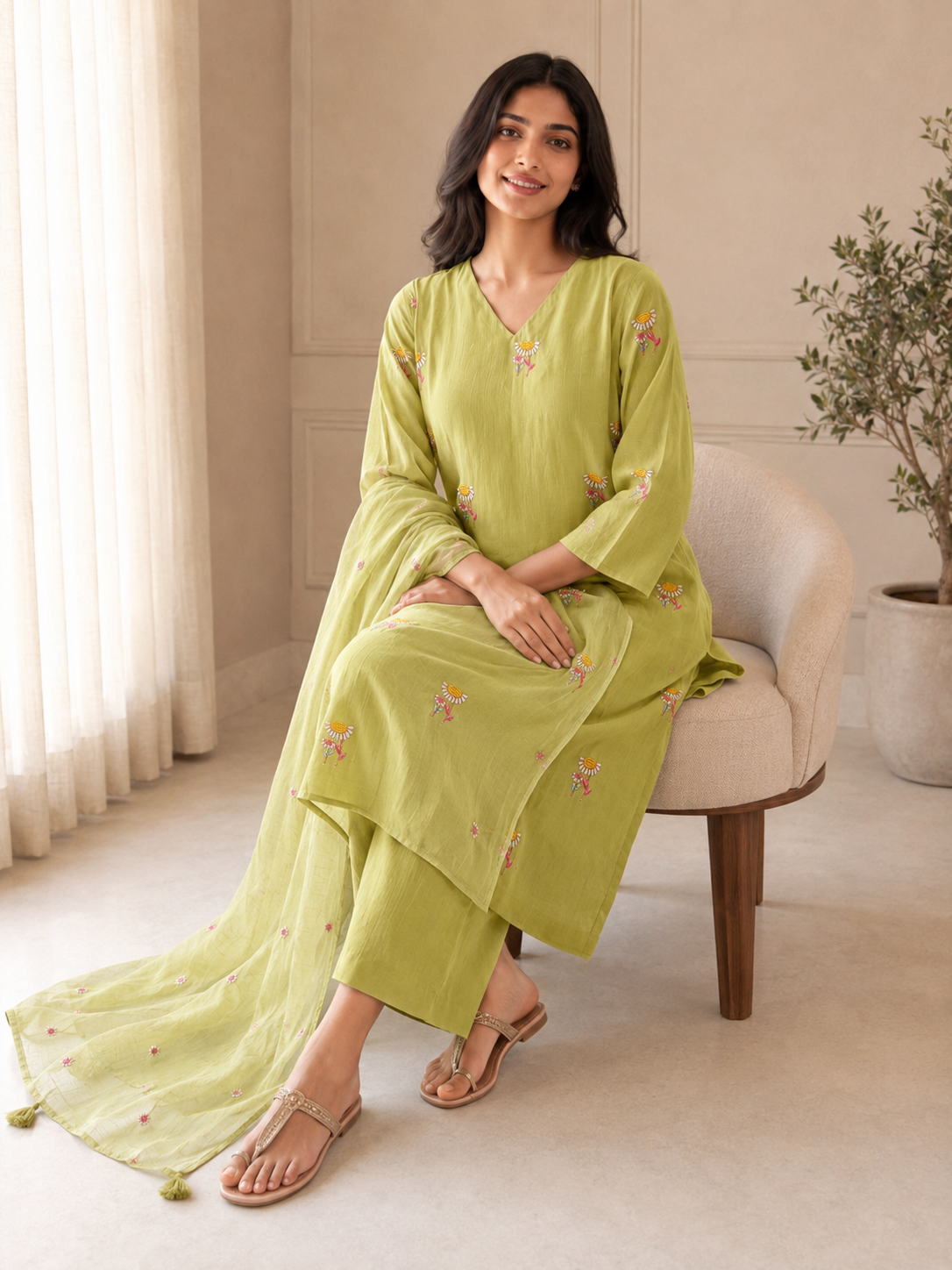 Lime Green Floral Embroidered Mul Chanderi Kurta Set