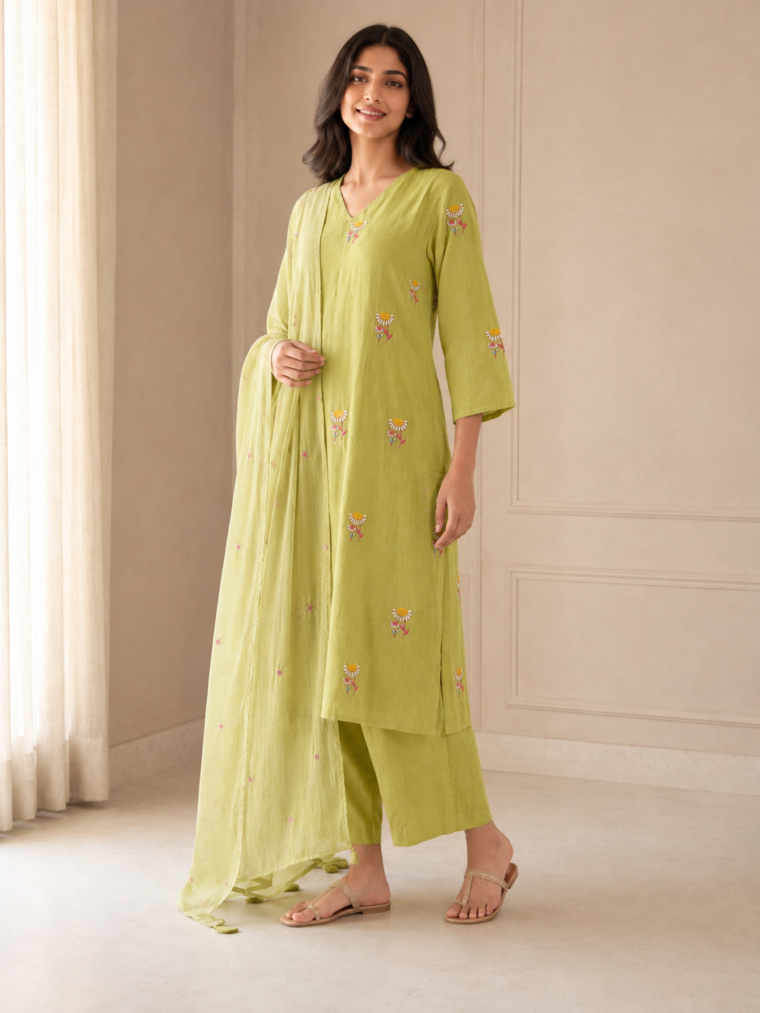 Lime Green Floral Embroidered Mul Chanderi Kurta Set