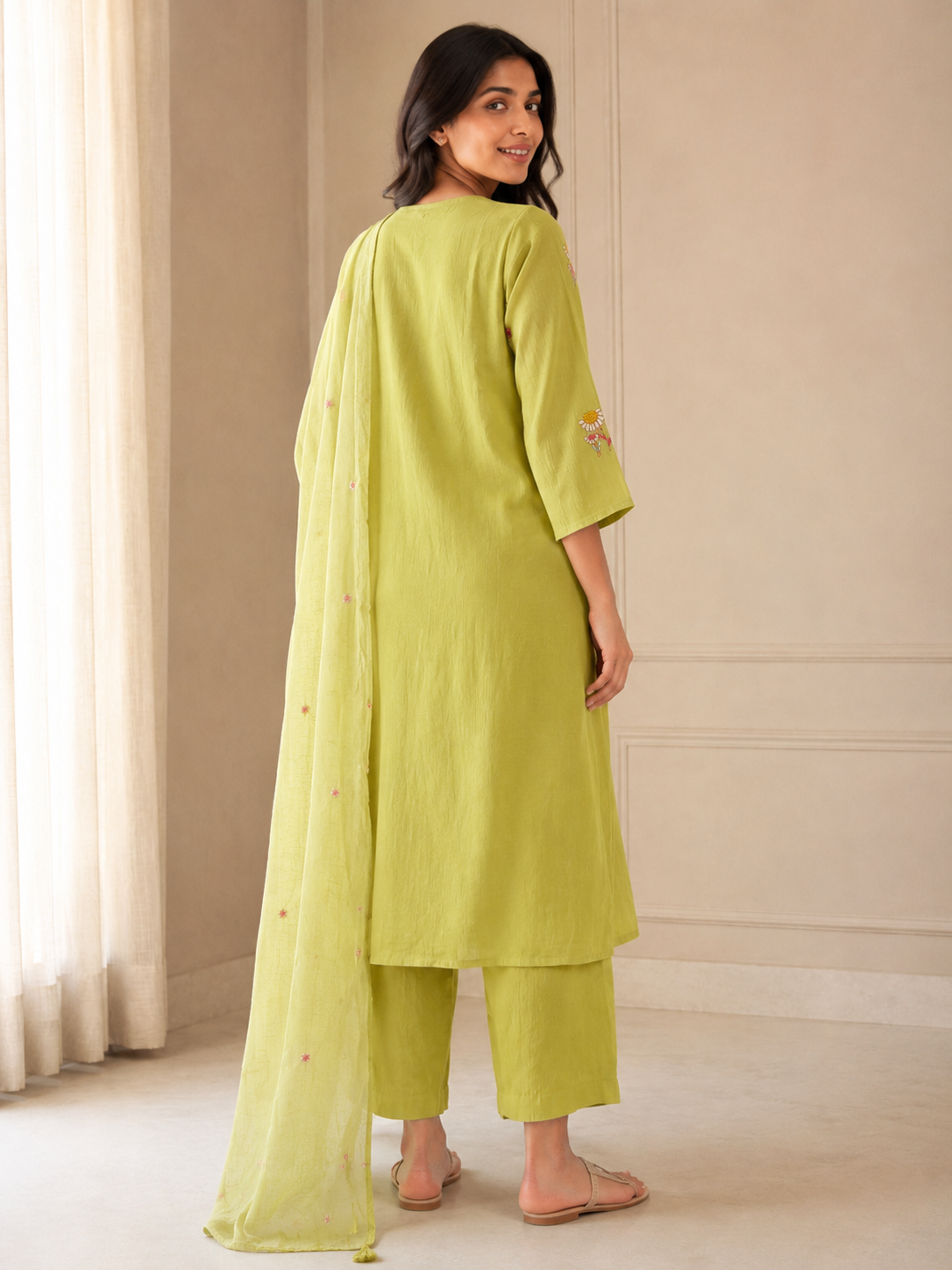 Lime Green Floral Embroidered Mul Chanderi Kurta Set
