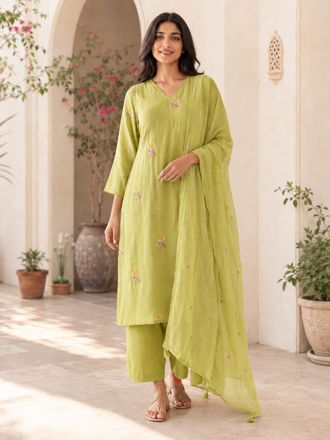 Lime Green Floral Embroidered Mul Chanderi Kurta Set