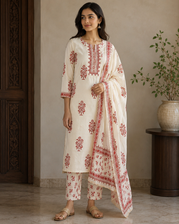 Ivory Floral Printed Cotton Kurta Pant Set