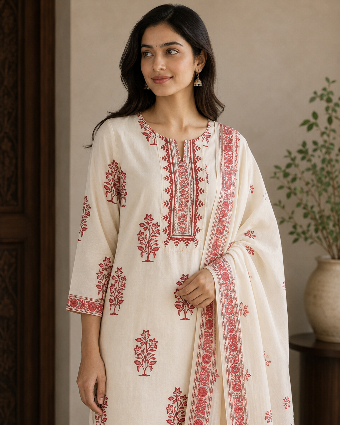 Ivory Floral Printed Cotton Kurta Pant Set