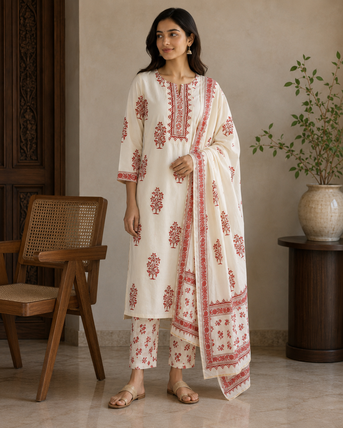 Ivory Floral Printed Cotton Kurta Pant Set
