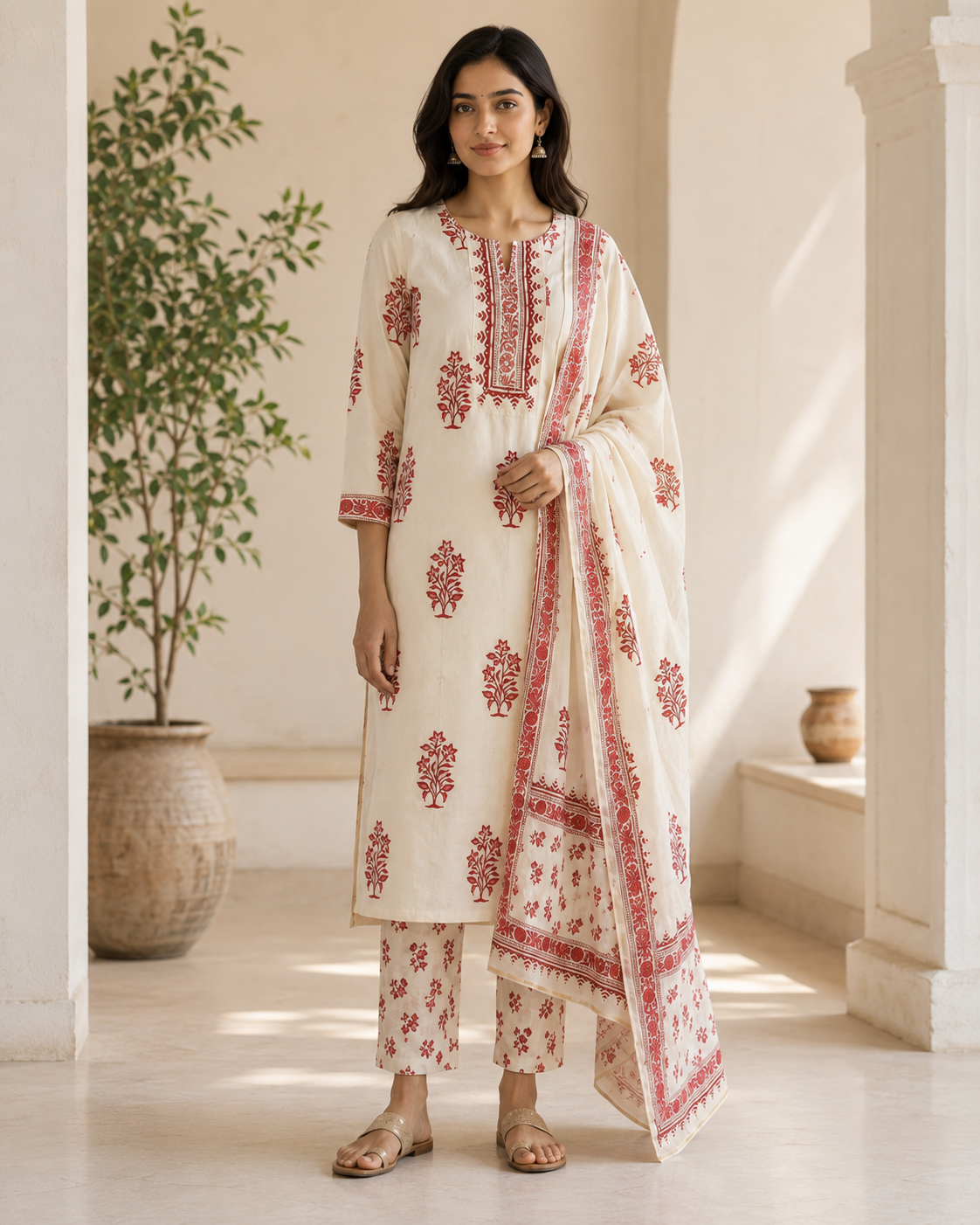 Ivory Floral Printed Cotton Kurta Pant Set