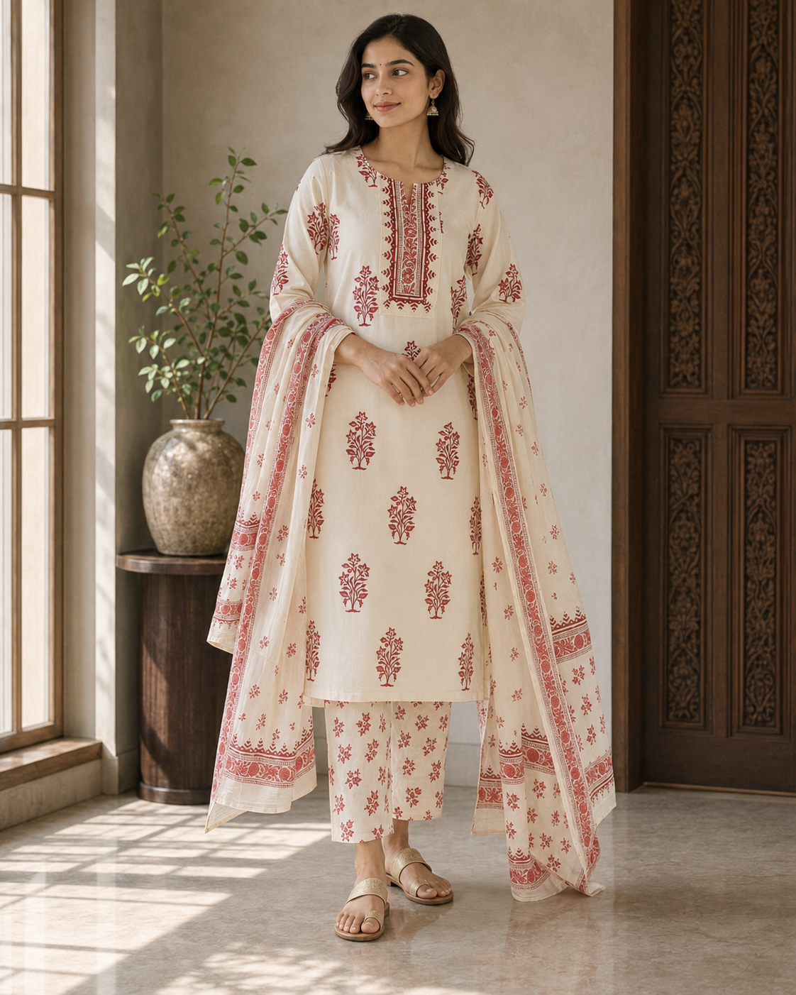 Ivory Floral Printed Cotton Kurta Pant Set