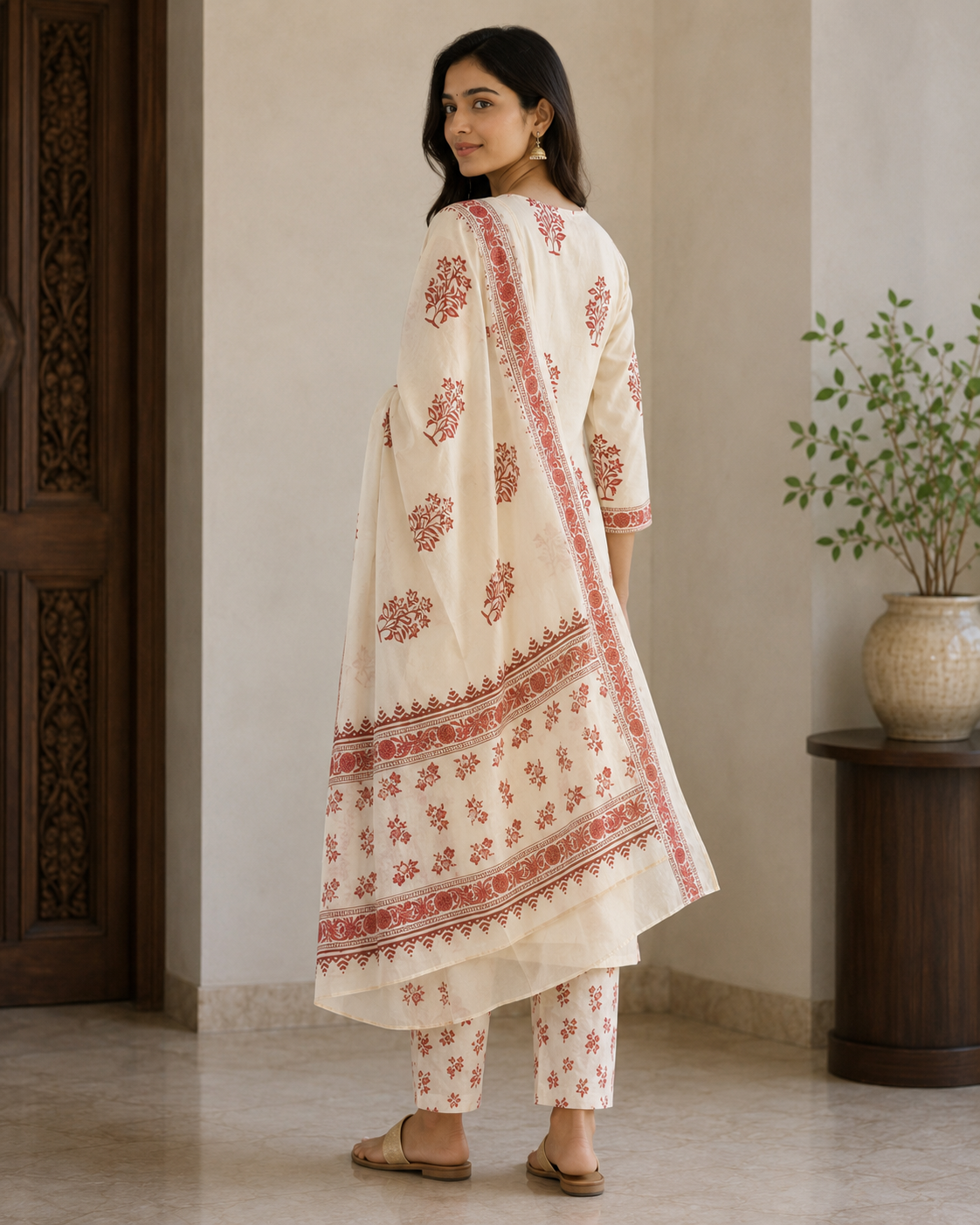 Ivory Floral Printed Cotton Kurta Pant Set