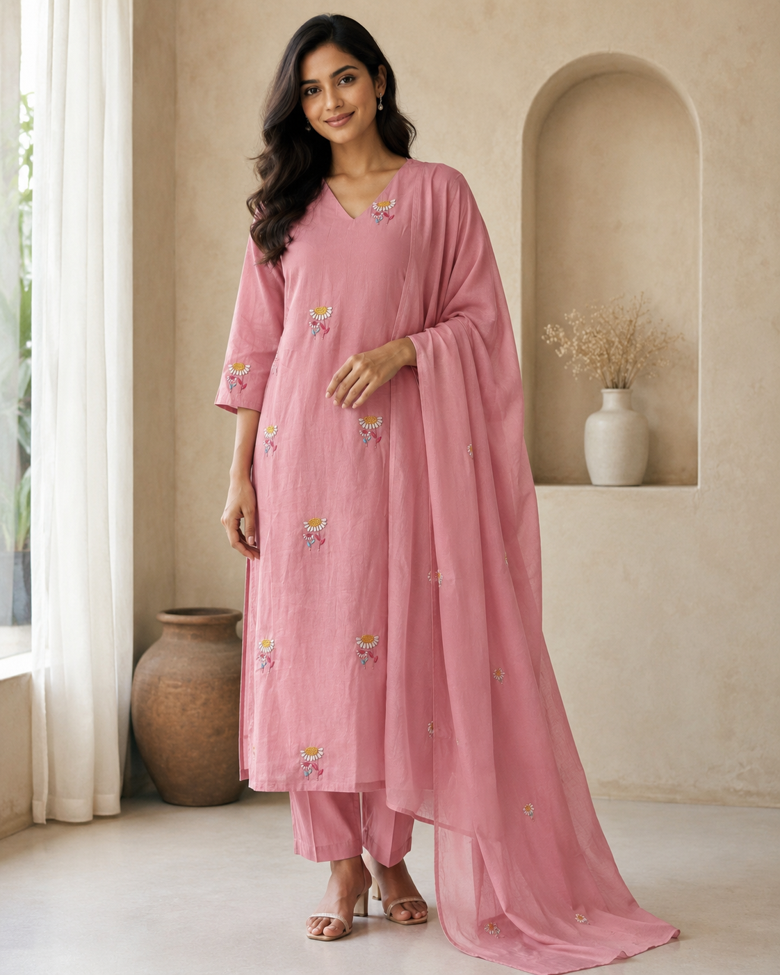Blush Pink Cotton Kurta Pant Dupatta Set