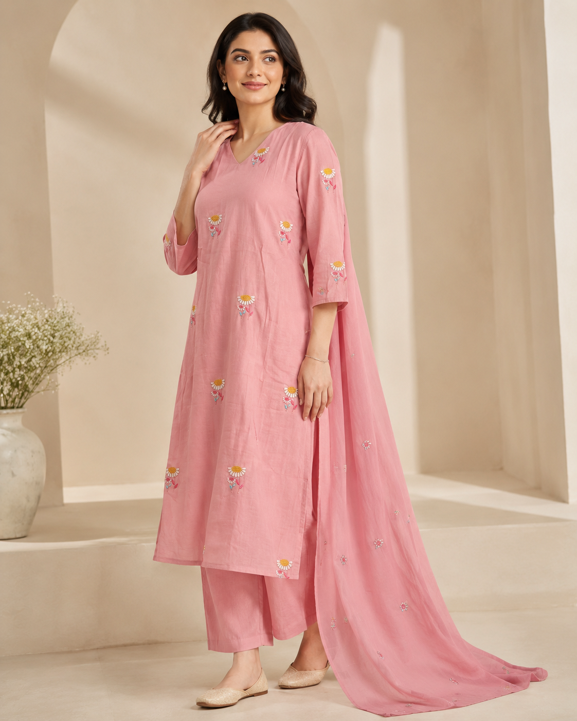 Blush Pink Cotton Kurta Pant Dupatta Set