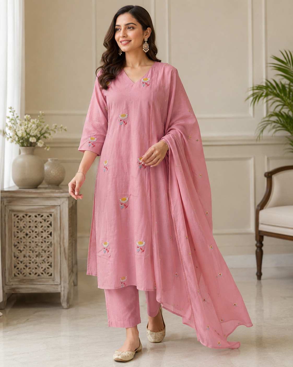 Blush Pink Cotton Kurta Pant Dupatta Set