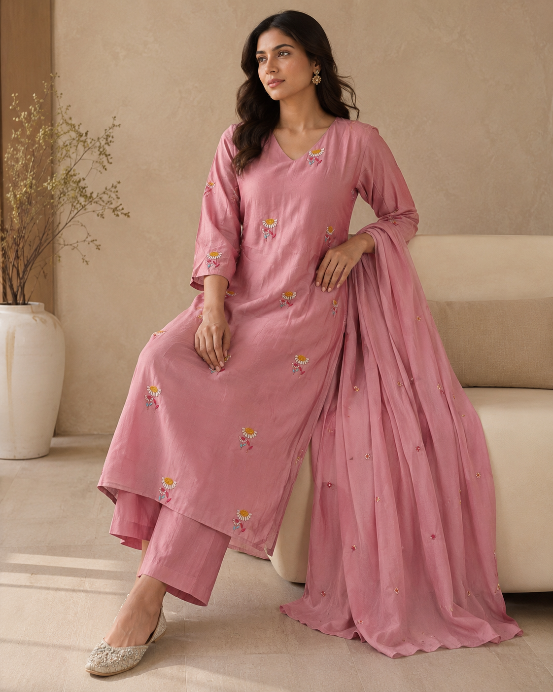 Blush Pink Cotton Kurta Pant Dupatta Set