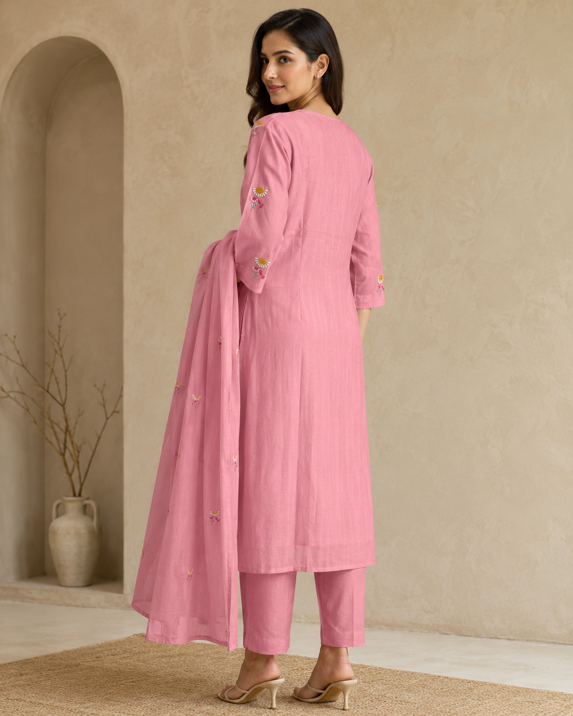 Blush Pink Cotton Kurta Pant Dupatta Set