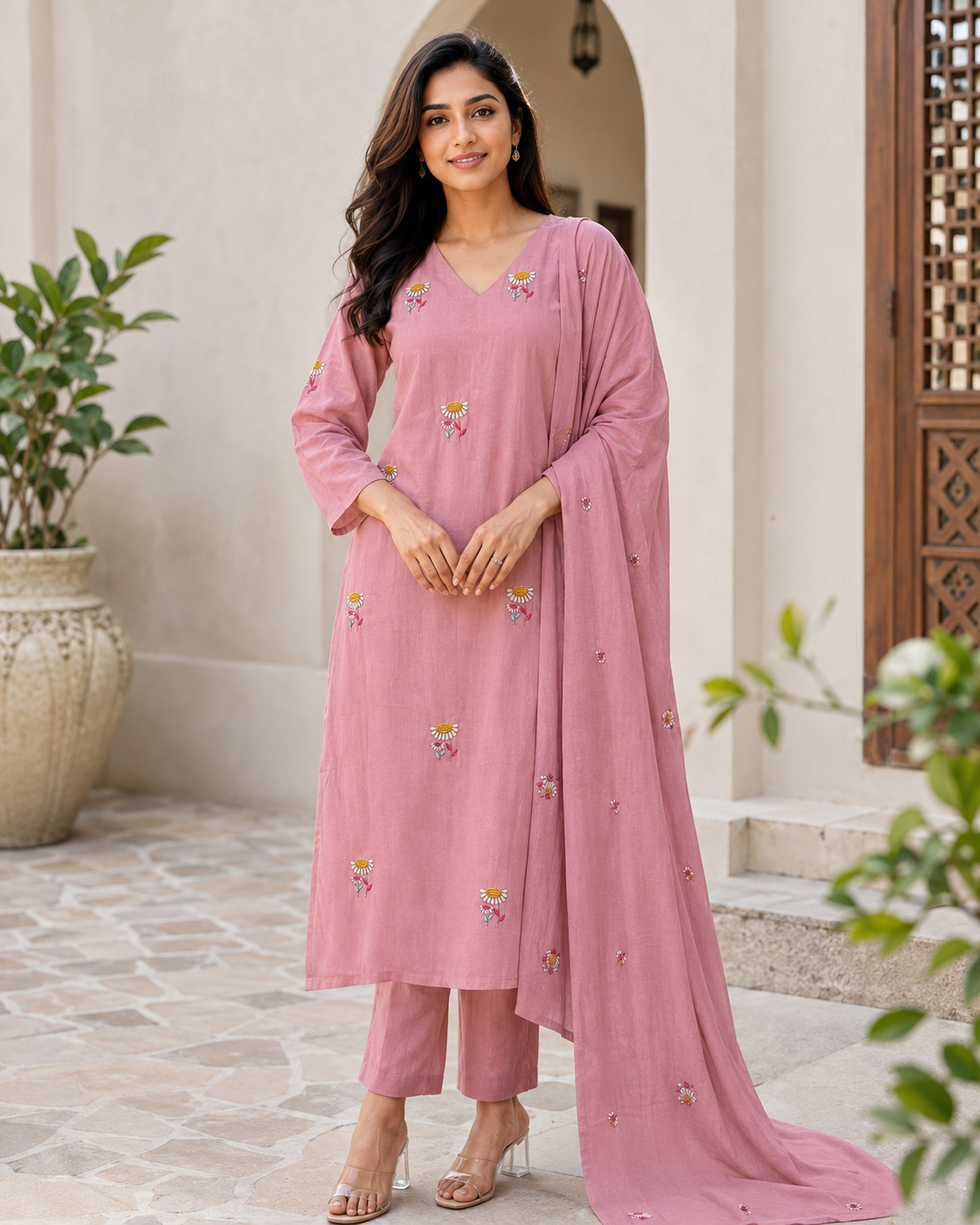 Blush Pink Cotton Kurta Pant Dupatta Set