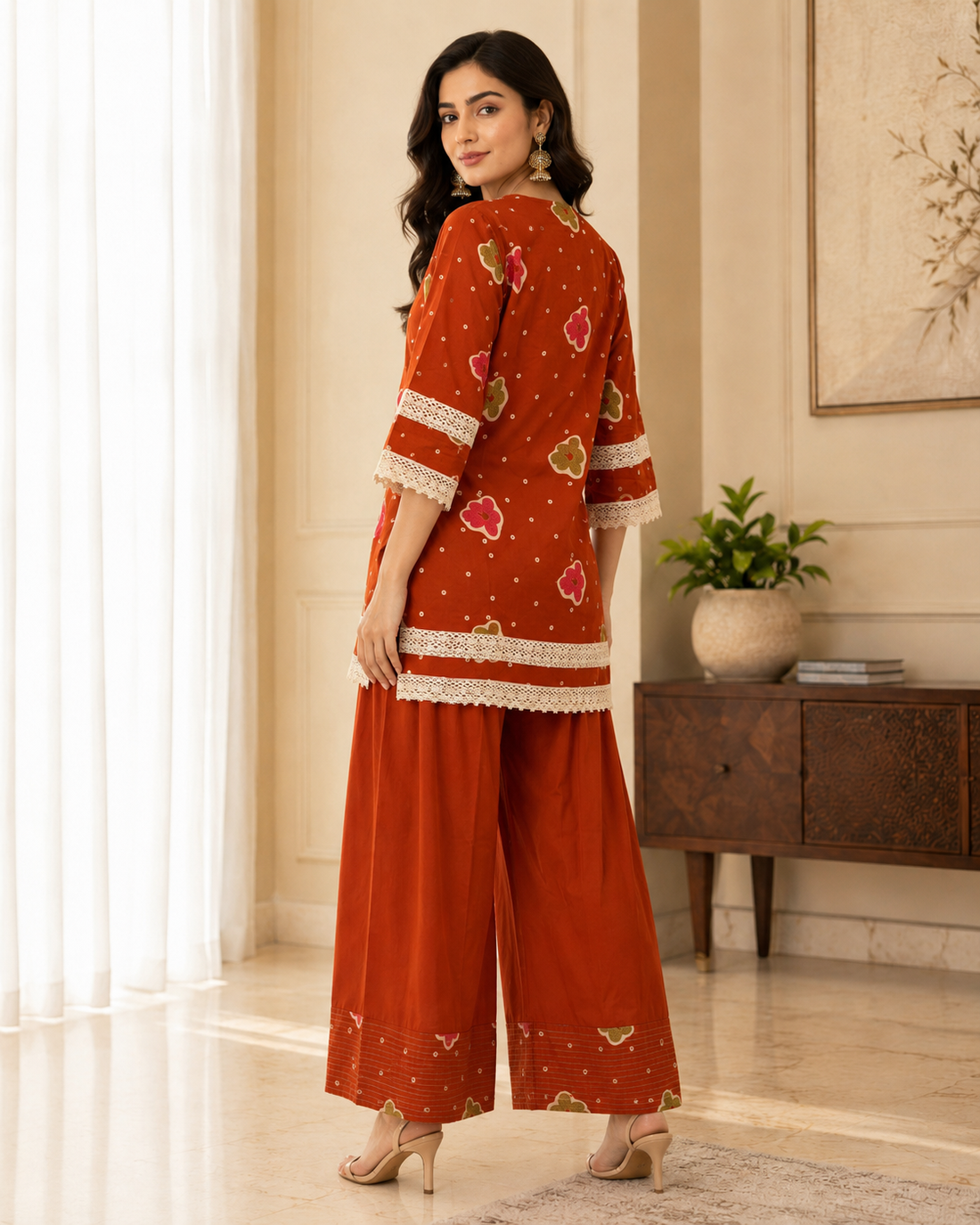 Rust Printed Cotton Kurta Pant Set