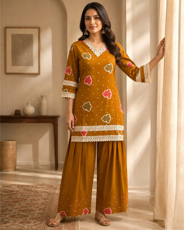 Mustard Rust Printed Cotton Kurta Pant Set