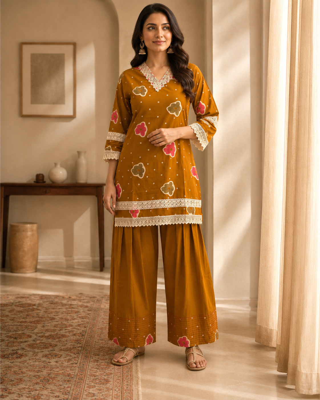Mustard Rust Printed Cotton Kurta Pant Set