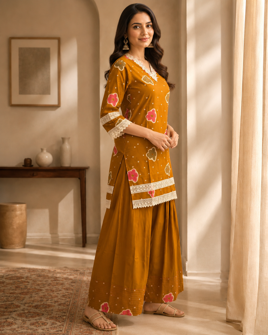 Mustard Rust Printed Cotton Kurta Pant Set