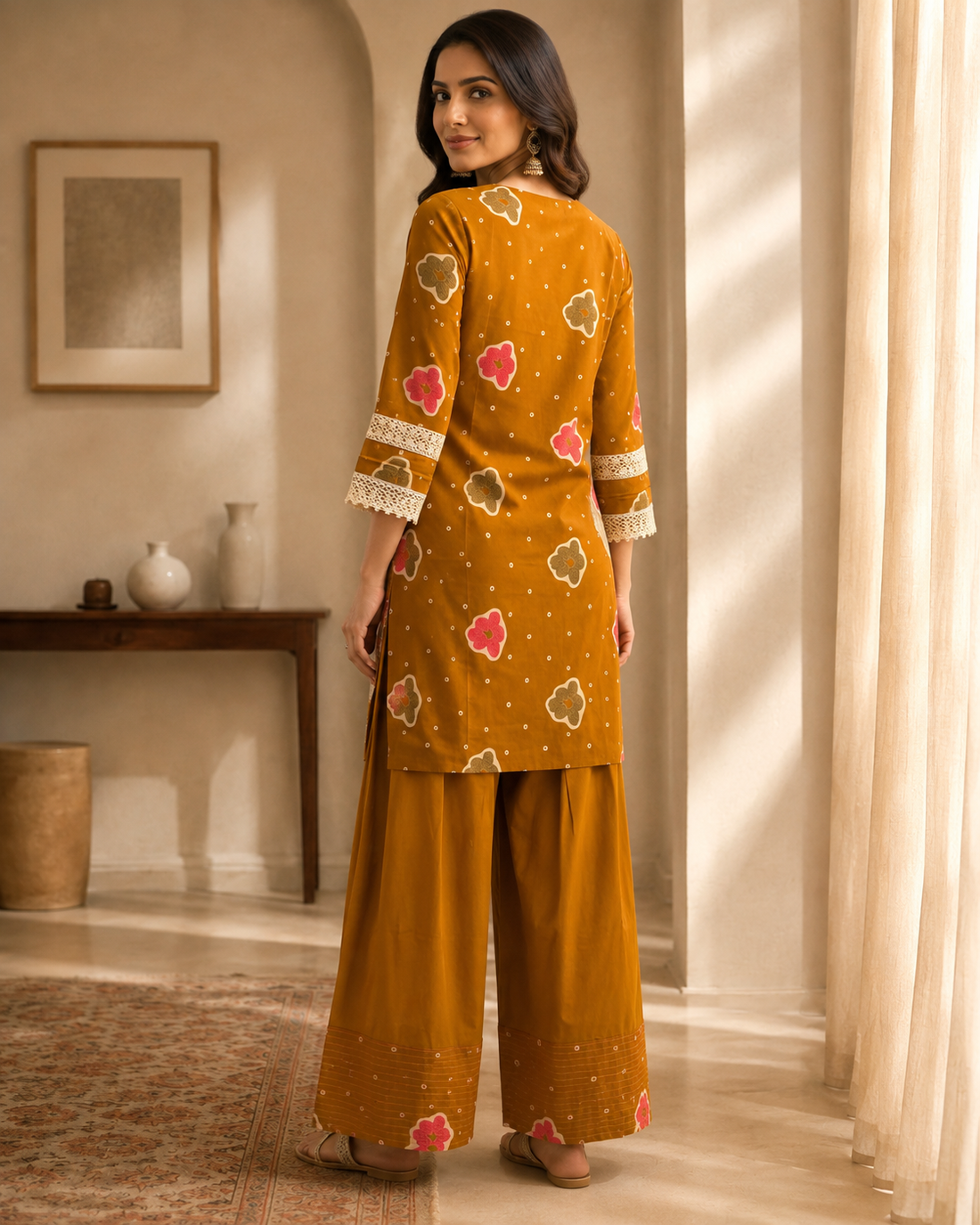 Mustard Rust Printed Cotton Kurta Pant Set