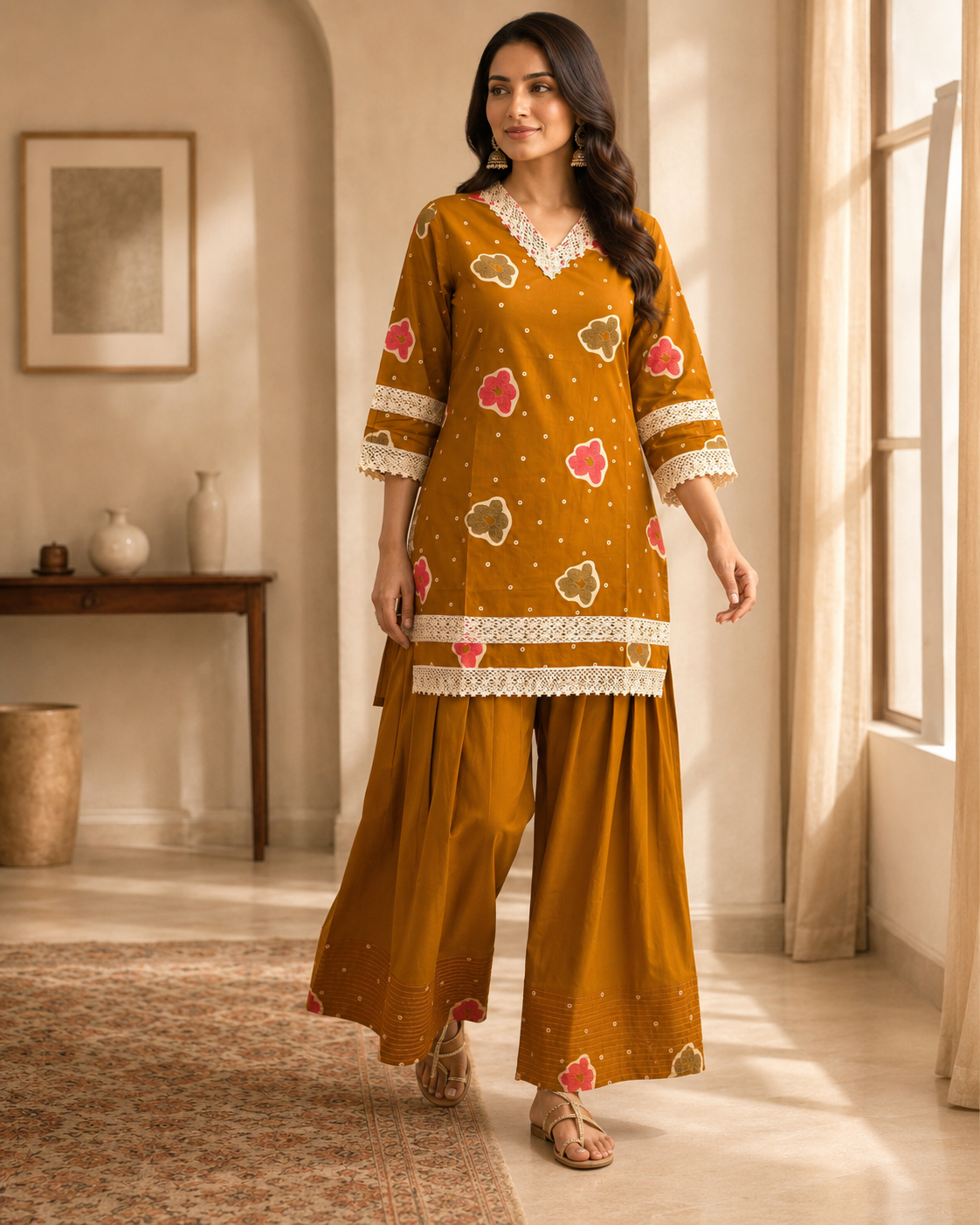 Mustard Rust Printed Cotton Kurta Pant Set