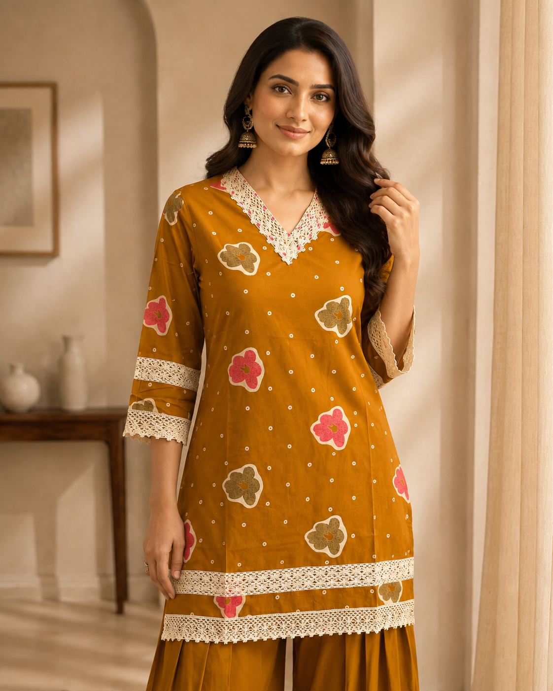 Mustard Rust Printed Cotton Kurta Pant Set