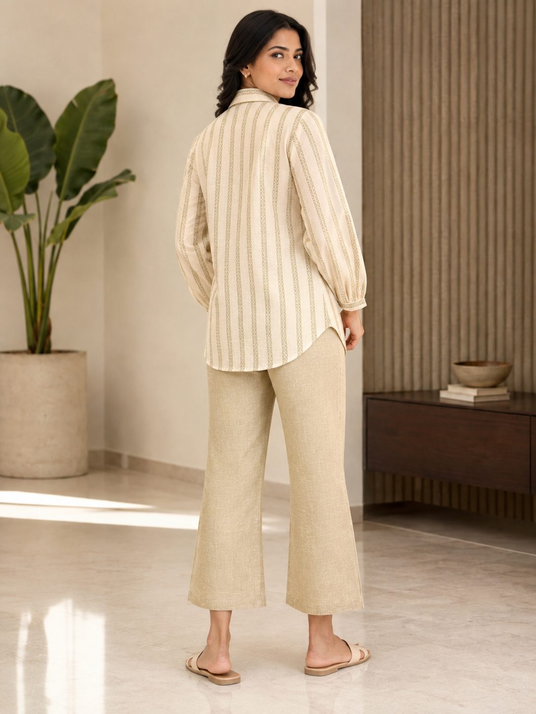 Ivory Striped Cotton Shirt Kurta Pant Co-ord Set