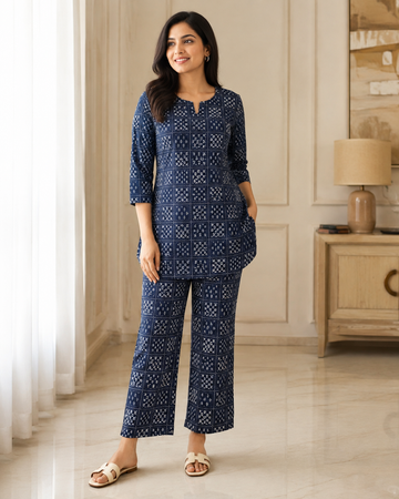 Indigo Printed Cotton Kurta Pant Co-ord Set