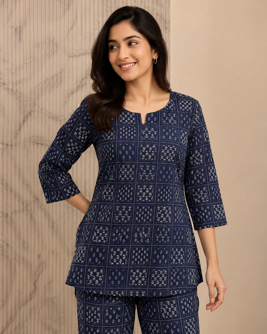 Indigo Printed Cotton Kurta Pant Co-ord Set