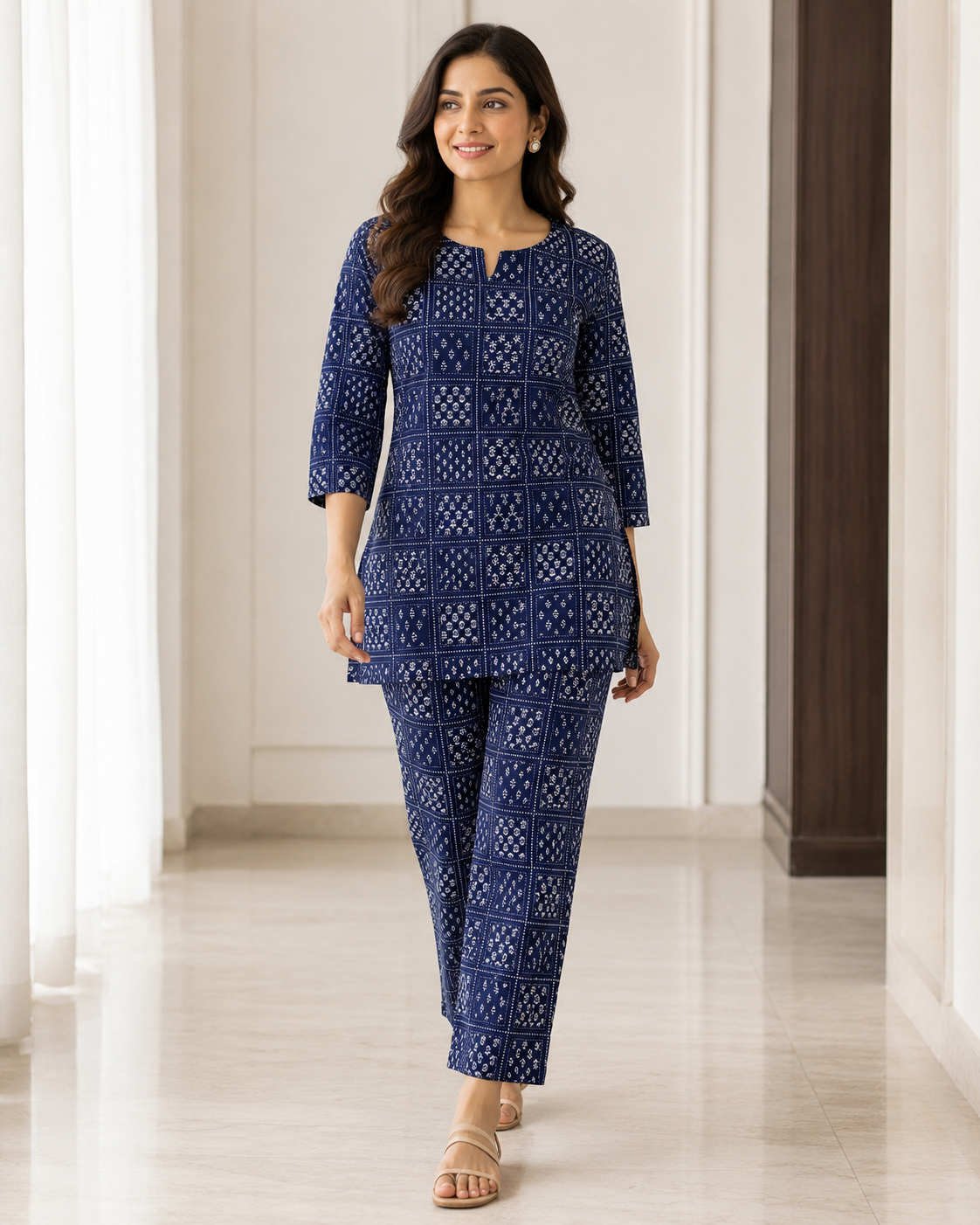 Indigo Printed Cotton Kurta Pant Co-ord Set