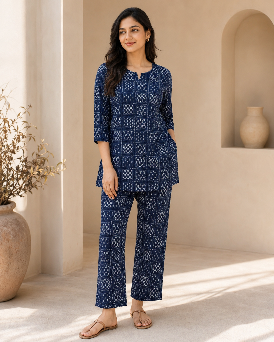 Indigo Printed Cotton Kurta Pant Co-ord Set