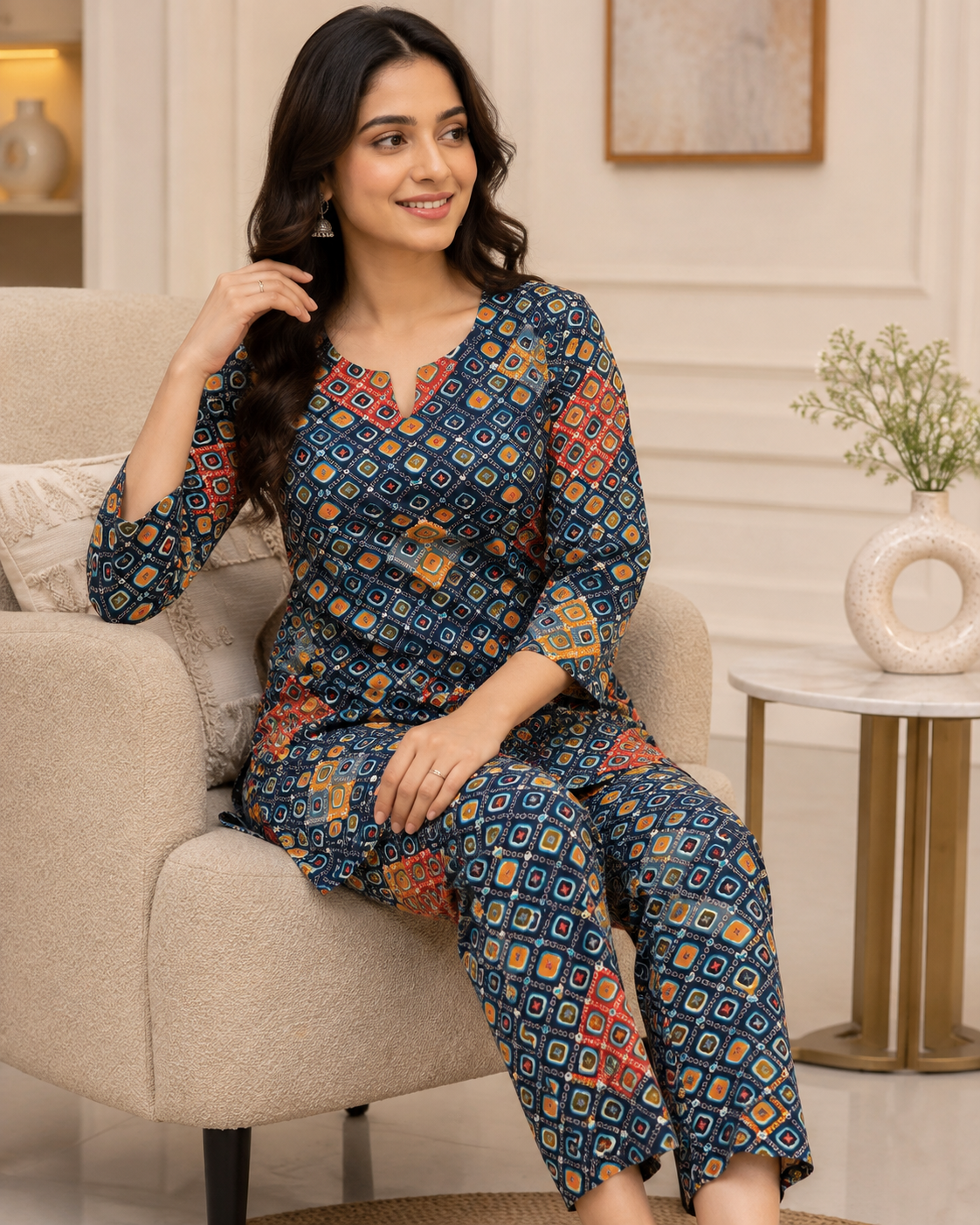 Navy Floral Printed Cotton Kurta Pant Co-ord Set
