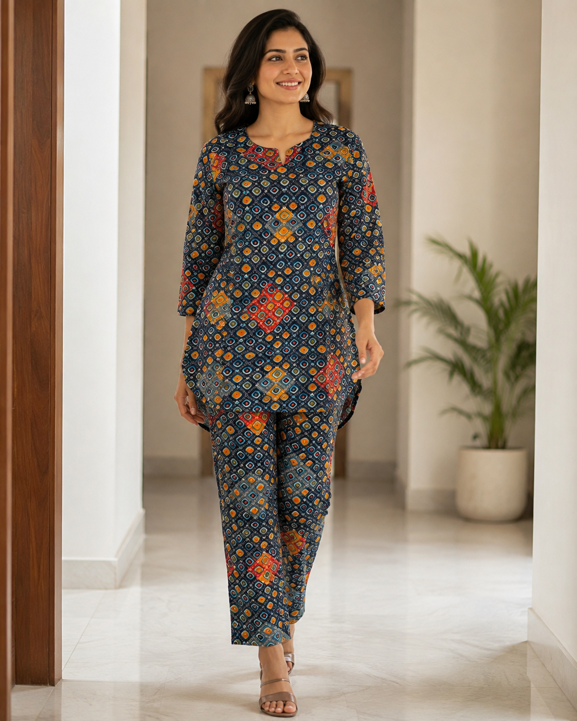 Navy Floral Printed Cotton Kurta Pant Co-ord Set