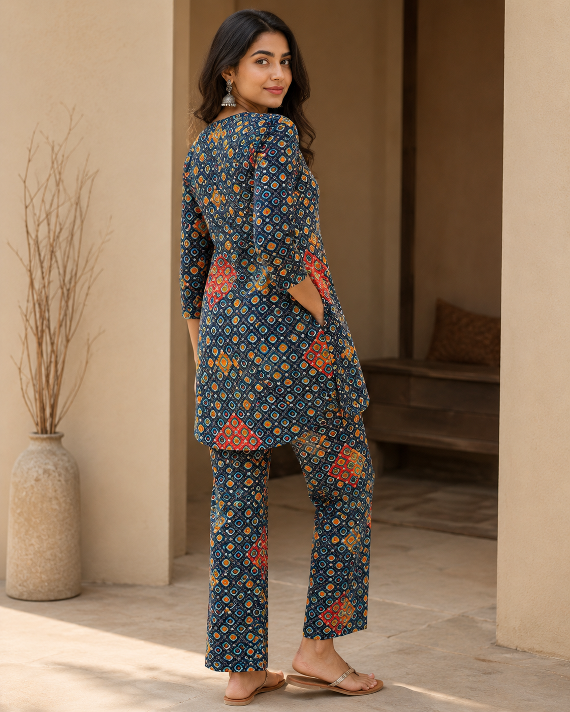 Navy Floral Printed Cotton Kurta Pant Co-ord Set