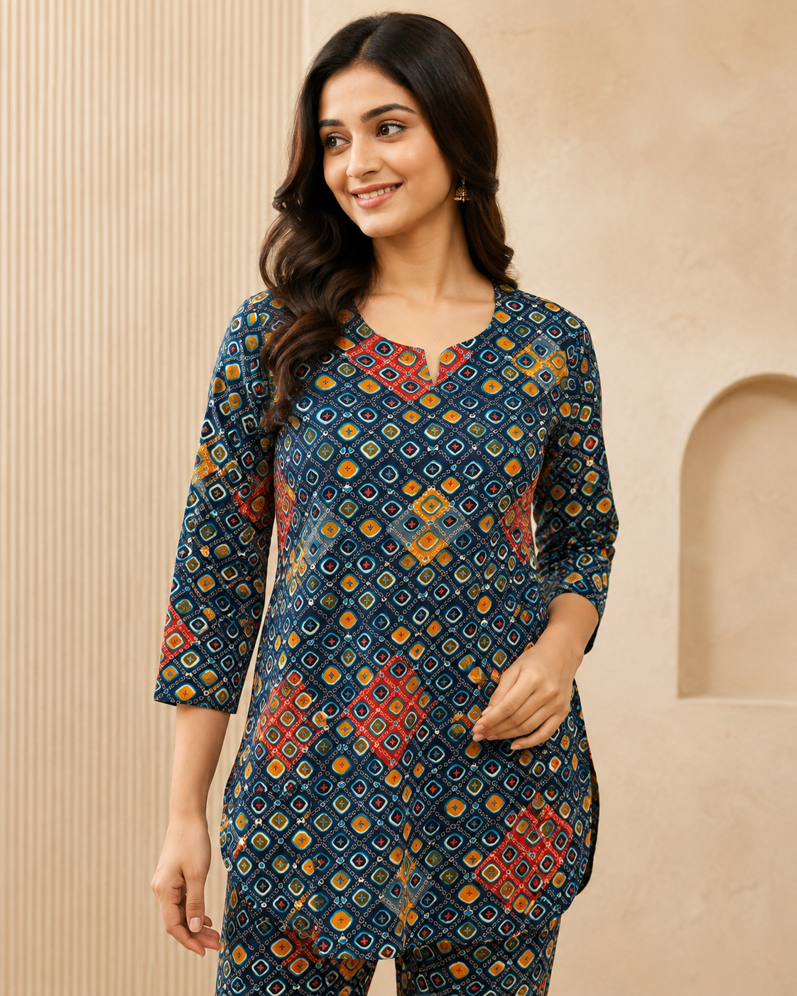 Navy Floral Printed Cotton Kurta Pant Co-ord Set